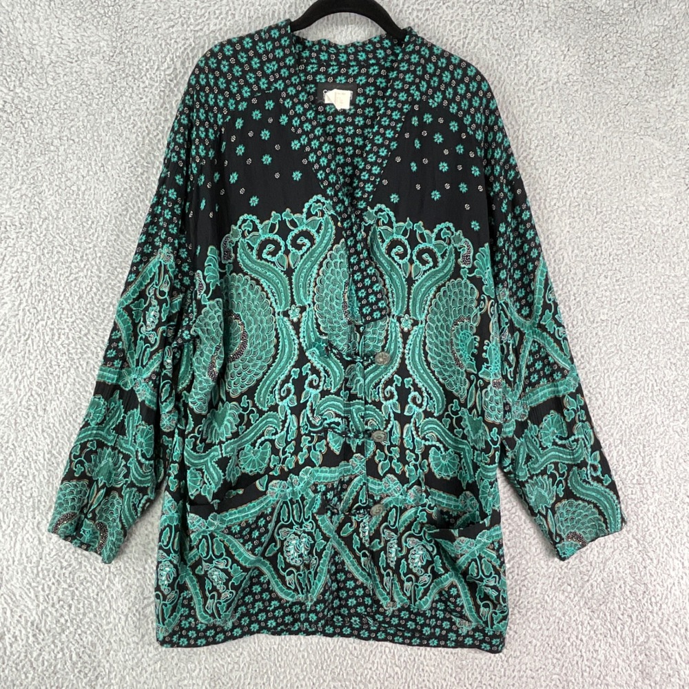 Carole Little Saint Tropez Jacket Women 14 Black Teal Paisley Vintage 90s USA